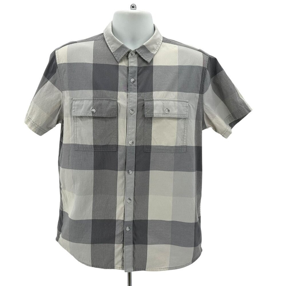 Prana Mens Medium Button Shirt Gray Checker Vented Outdoors Hiking